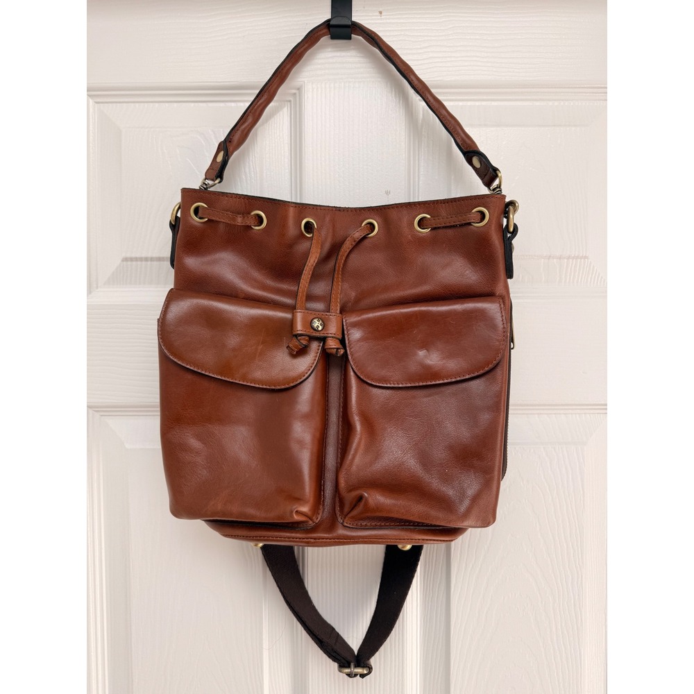 Patricia Nash Alma Bucket Bag Brown Leather Drawstring Crossbody Pockets Cognac